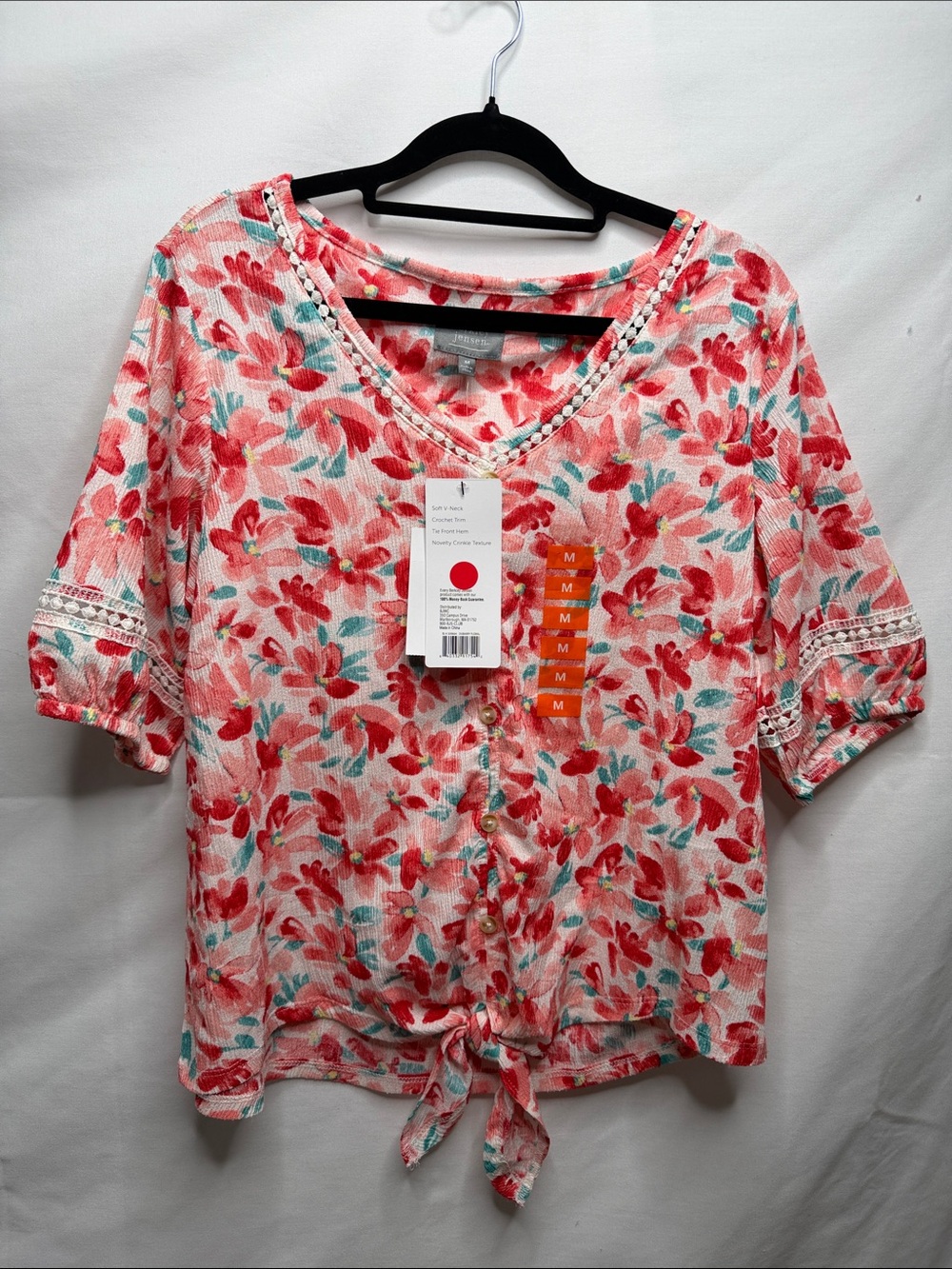 Floral Tie-Front V-Neck Blouse - Pink/Coral
